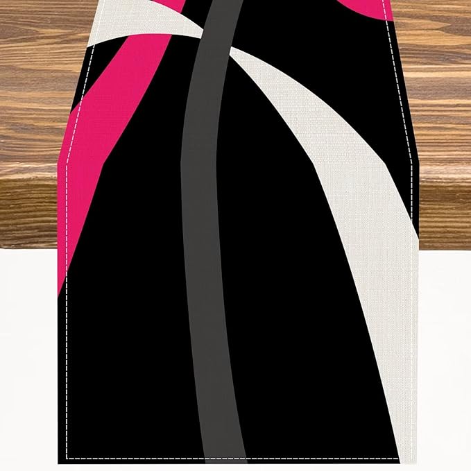 Abstract Geometric Table Runner Hot Pink Grey and White Striped Black Background Modern Kitchen Dinner Runner for Indoor Home Living Room Party Dining Table Decoration 13"x120"