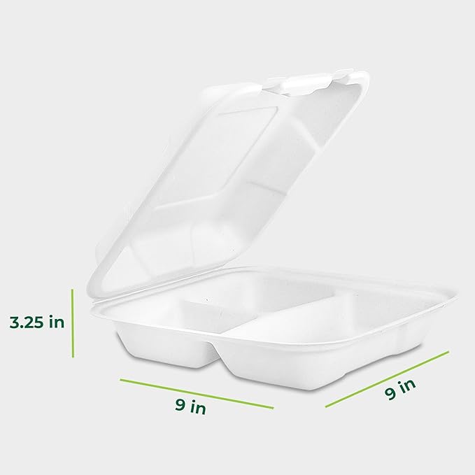 Freshware Clamshell Food Containers with Lids [9x9"] 3-Compartment 50-Pack, Disposable To Go Containers, Biodegradable Sugarcane To Go Boxes - Paper Containers - Microwave & Freezer Safe, Stackable