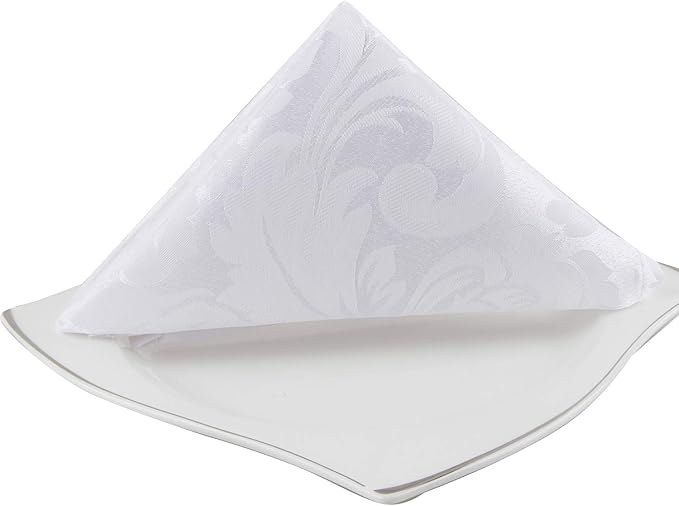 EHouseHome Damask Jacquard Cloth Napkins Waterproof Spillproof Polyester Fabric Napkins White, Set of 12, 17 x 17 Inch