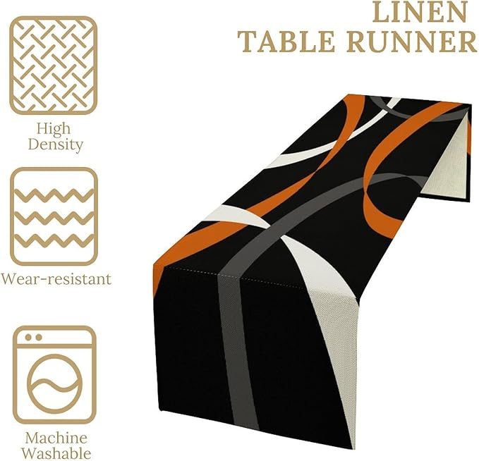 Abstract Geometric Table Runner Orange Grey and White Striped Black Background Modern Kitchen Dinner Runner for Indoor Home Living Room Party Dining Table Decoration 13"x108"