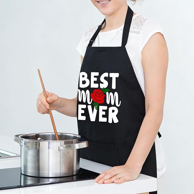 Black Baking Aprons for Women, Adjustable Cooking Baking Kitchen Aprons for Mom Chef with Pockets