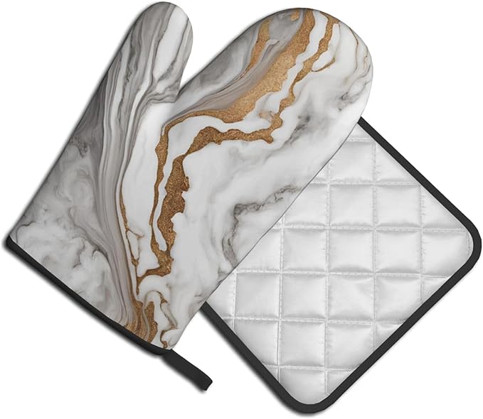 Beautiful White Gray Marble Oven Mitts and Pot Holders Heat Resistant Oven Mitts Safe for Baking Cooking BBQ