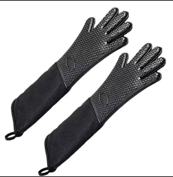 A Pair of Extra Long Non Slip Silicone Oven Mitts/Gloves, Heat Resistance,for Kitchen/BBQ, Black.19 inch