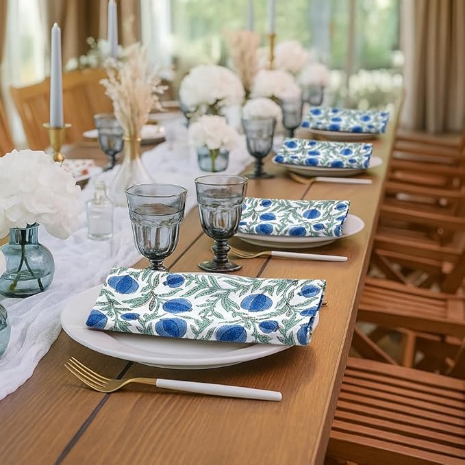 Ridhi Queen Blue Hand Block Print 100% Cotton Napkins 18" x 18" (Set of 4) Reuseable Kitchen Napkins Cloth Decor Dinner Party Wedding Cocktail Gift for Spring, Easter, Valentine