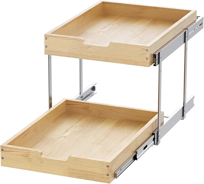 Sikarou Wood Pull Out Cabinet Organizer 2 Tie 23" W x 21" D, Heavy-Duty Sliding Drawers for Inside Cabinets Storage and Organization for Kitchen, Pantry, Bathroom