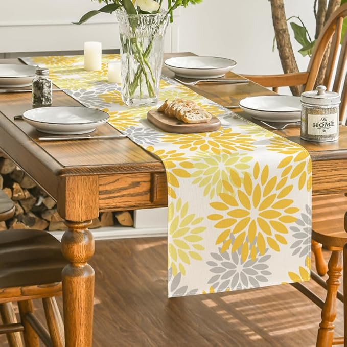 Artoid Mode Yellow Dahlia Floral Pinnata Summer Table Runner, Seasonal Spring Holiday Kitchen Dining Table Decoration for Home Party Decor 13x90 Inch