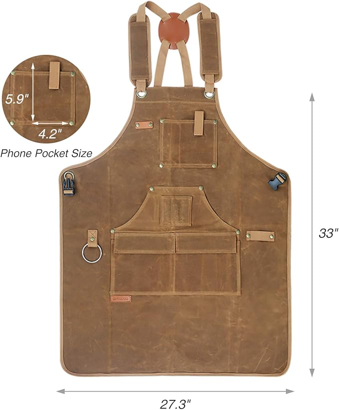 Woodworking Apron for Men, with 9 Tool Pockets, Durable Waxed Canvas Work Apron for Woodworkers Carpenters, Gifts for men for Christmas (Brown -Waxed Canvas Apron)