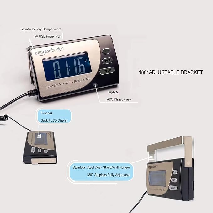 Amazon Basics Digital Postal Scale with Tare Function, Heavy Duty, Aluminium Platform, 440 lb Capacity, Digital Shipping, Portable, Black