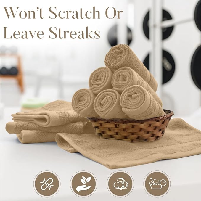 DAN RIVER 12-Pack Premium 100% Cotton Tan Face Towels for Bathroom - Reusable Face Wash Cloths for Showering 12x12 Inches - 550 GSM Super Soft & Absorbent Luxury WashCloths for Body, Spa & Gym