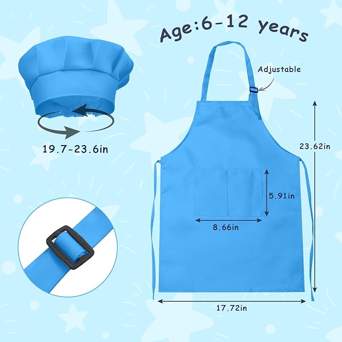 Kids Apron and Chef Hat Set, 16 Pieces Boys Girls Kids Apron with 2 Pockets Adjustable for Cooking Classroom Baking Painting, 6-13 Years, Multicolor