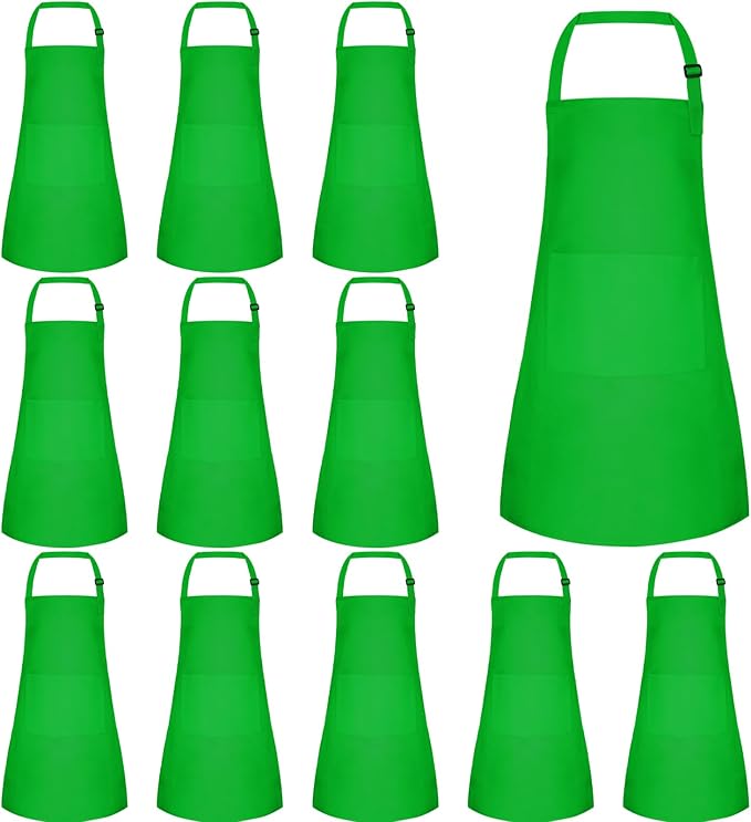 12 Pack Kids Apron Bulk with 2 Pockets Adjustable Chef Art Apron Kids Painting Aprons for Cooking Baking Painting Crafting Grilling Activity（Green）