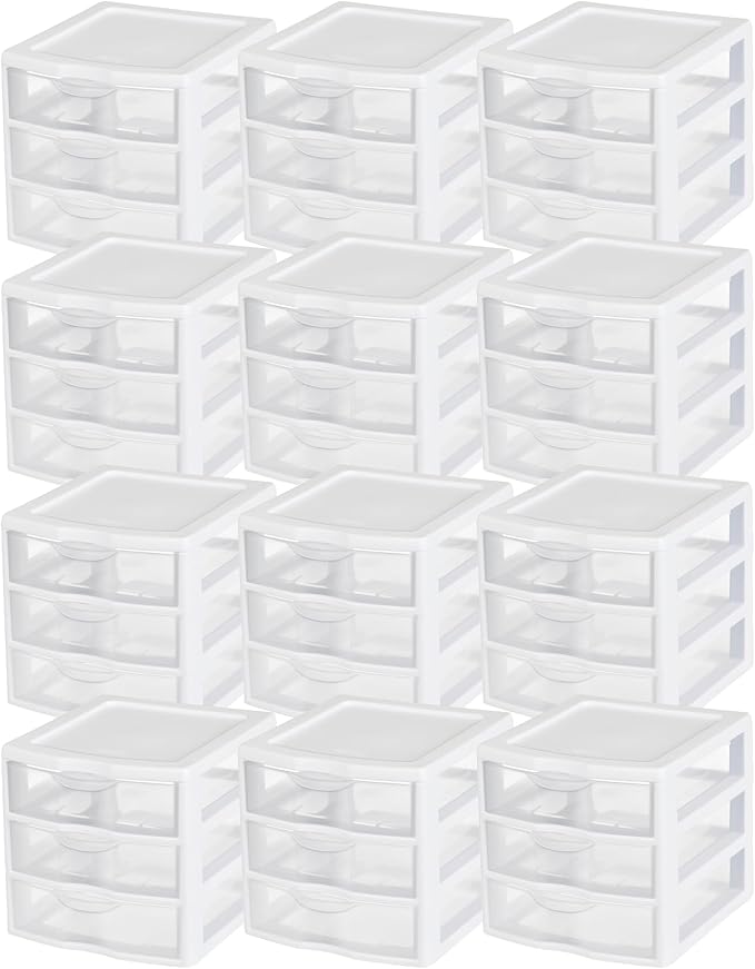 Sterilite 12-Pack ClearView 3-Drawer Cart, Small Plastic Storage Organizer Drawers, White - Organizing Drawer Containers for Bathroom, Closet, Kitchen, and Bedroom