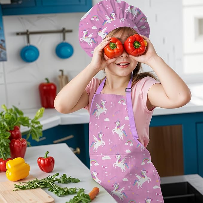SANDJEST Kids Apron with Chefs Hat Set, Kitchen Apron Gifts