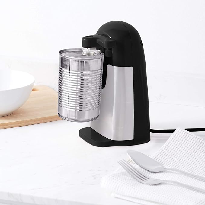Amazon Basics 3-In-1 Electric Can Opener, Bottle Opener and Knife Sharpener with Stainless Steel Blade, Magnetic Lid Holder, Safe, Easy to Use, Powerful, Sleek Design, 50W, Black