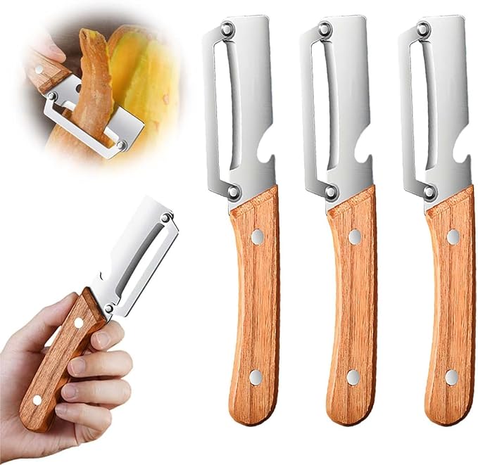 3 Packs Multi-Functional Vegetable Peeler for Kitchen, 2 in 1 Fruit Peeler and Bottle Opener, Stainless Steel Curved Blade Fruit & Vegetable Peeler for Potato Pumpkin Papaya Zucchini (Wood)