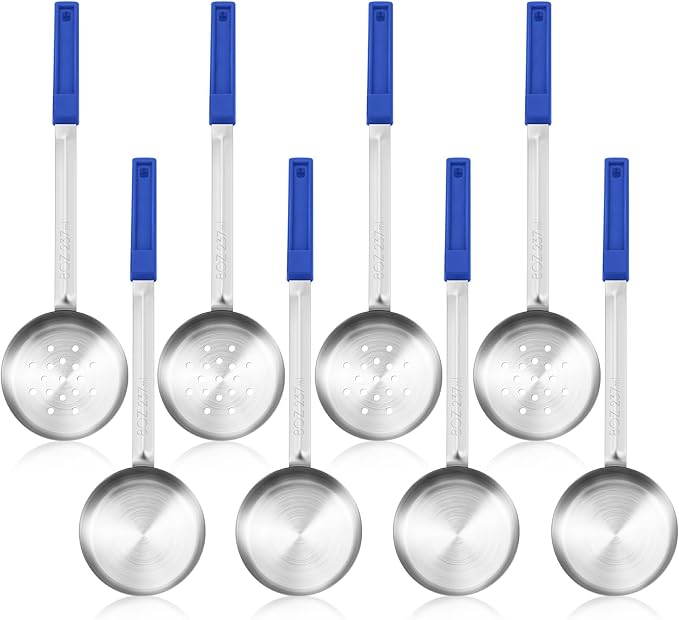 Teenyyou 8 Pcs Portion Control Serving Spoons Portion Scoops Cups Solid and Slotted Stainless Steel Ladle Spoon for Food, Serving Utensils Set for Parties (Dark Blue,8 oz)