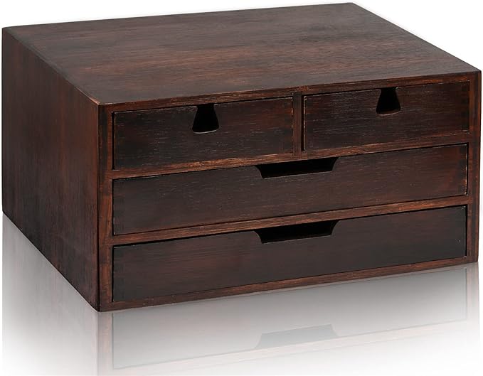 DEAYOU Bamboo Desk Organizer, 100% Natural Bamboo Desktop Drawer Organizer, Dark Brown Tabletop Storage Cabinet Organization Box with 4 Drawer for Makeup, Letter, Home, 3 Layer, Fully Assemble