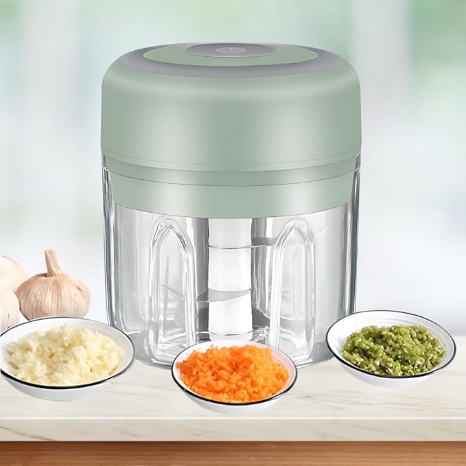 Mini Electric Food Processor & Garlic Chopper, 250ML USB Rechargeable, One-Touch Cordless Chopper with 3 Stainless Steel Blades for Garlic, Onion, Vegetables & Baby Food (Green)