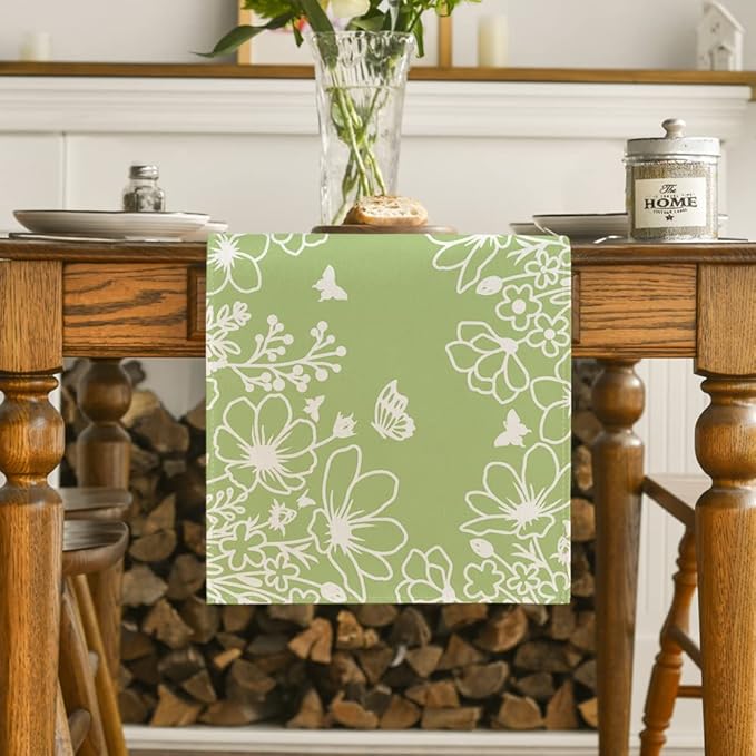 Artoid Mode Green Bloom Flowers Butterfly Spring Table Runner, Seasonal Holiday Kitchen Dining Table Decoration for Home Party Indoor 13x72 Inch
