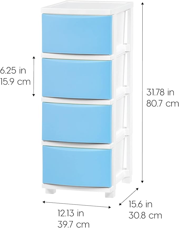IRIS USA Plastic Drawer Storage Organizer, 4-Drawers, for Classroom Art Supplies Bathroom Dorm Bedroom Laundry Room, Slim Narrow, White Frame with Matte Blue Front Panels