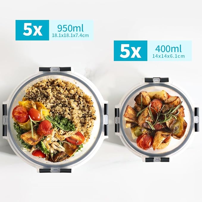 Igluu Meal Prep Round Glass Containers with Lids (10 Pack) – Airtight & BPA-Free – Oven, Microwave, Freezer & Dishwasher Safe – 13.5oz/32oz – Durable Borosilicate Glass