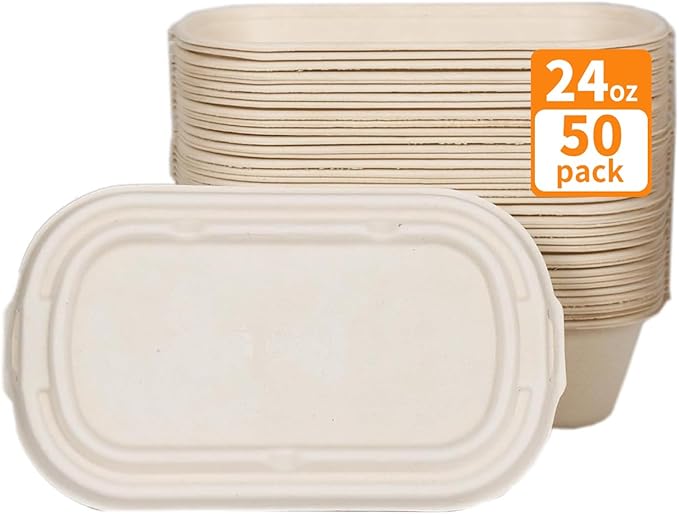 50Pcs(24oz) Disposable Meal Prep Food Containers with Lids,Lunch Salads Microwaveable and Freezable Compostable Safe Non Plastic Food Storage，Biodegradable Take Out Food Bento Boxes.