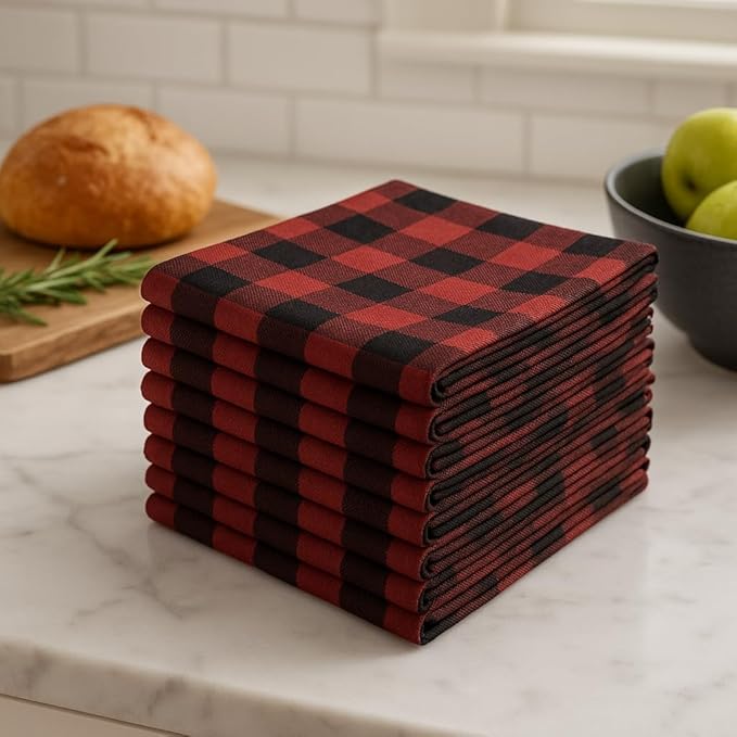 Cloth Napkins Set of 12, 100% Cotton Dinner Napkins 18x18 Inch, Soft Absorbent Gingham Check Napkin for Restaurant, Table Décor, Reusable Washable for Everyday Use - Red/Black