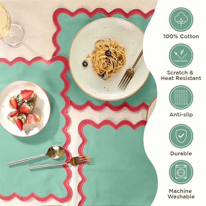 Folkulture Placemats Set of 4 (13 x 19) | 100% Cotton, Cute, Heat Resistant,Machine Washable Scalloped Place Mats | Green & Red Rectangular Cloth Table Placemats or Dining Table Mats for Dinner Party