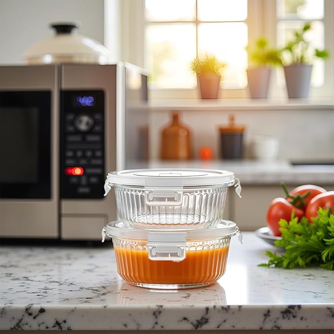 H.JSS WDJS 1.5 cup Round Glass Food Containers with Lids and Spoon, 12oz Small Glass Lunch Storage Containers, Small Round Meal Prep Bowls for Office, Outdoor. Microwave, Freezer, Dishwashe safe