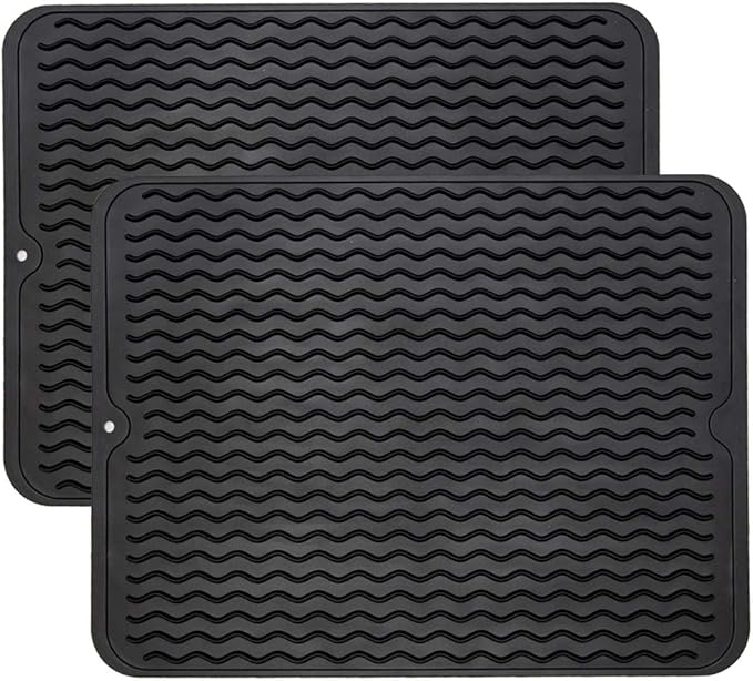 ZLR 2 Pcs Silicone Dish Drying Mat & Heat Resistant Trivet (12" x 16") - Waterproof Counter Protector for Coffee Maker - Non-Slip, BPA Free Kitchen Pad, Easy Clean Dishwasher Safe (Black)