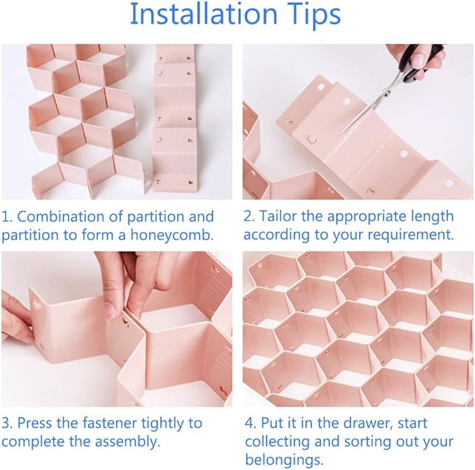 Poeland Drawer Divider Organizer Adjustable DIY Grid Honeycomb Drawer Divider for Underwear Belt Scarf Socks Pink