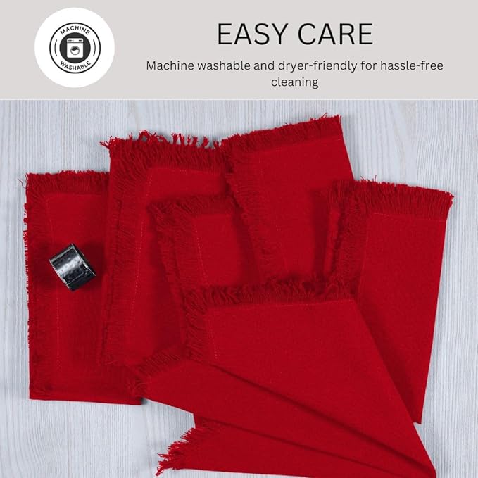 Cloth Dinner Napkins Fringes 20x20 Inch 100% Cotton Set of 6 - for Dining Special Occasions Weddings Restaurants Holidays Easter - Soft Durable Washable - Elegant Table Cloth Napkins Red