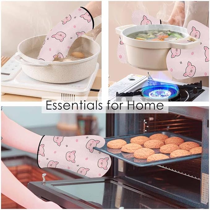 Pink Pig Oven Mitts and Pot Holders Sets Kawaii Face Lovely Heat Resistant 3pcs for Cooking Baking BBQ