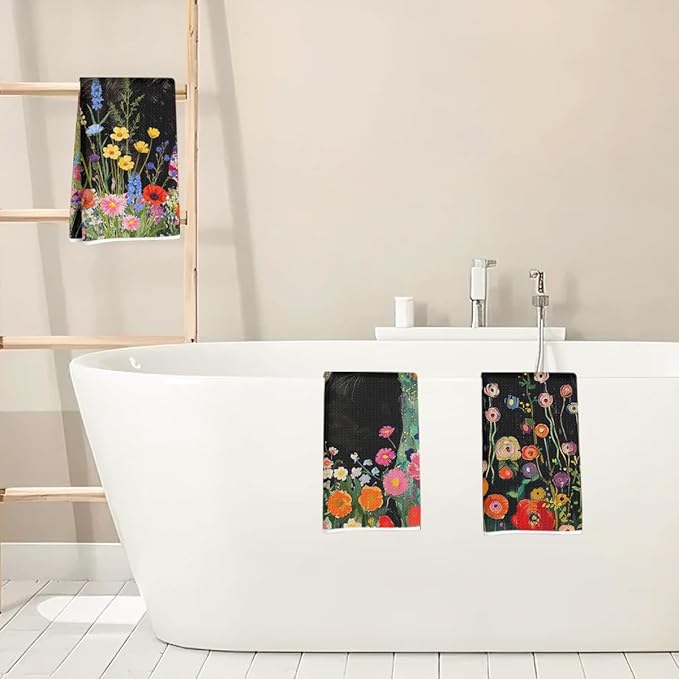 3Pcs Cute Cat Kitchen Towels 24x14 Inch, Floral Microfiber Dish Towels for Kitchen Bathroom Farmhouse Decor, Waffle Weave Absorbent Dish Cloth Tea Towel, Cat Lover Gifts for Women Mom Family Grandma
