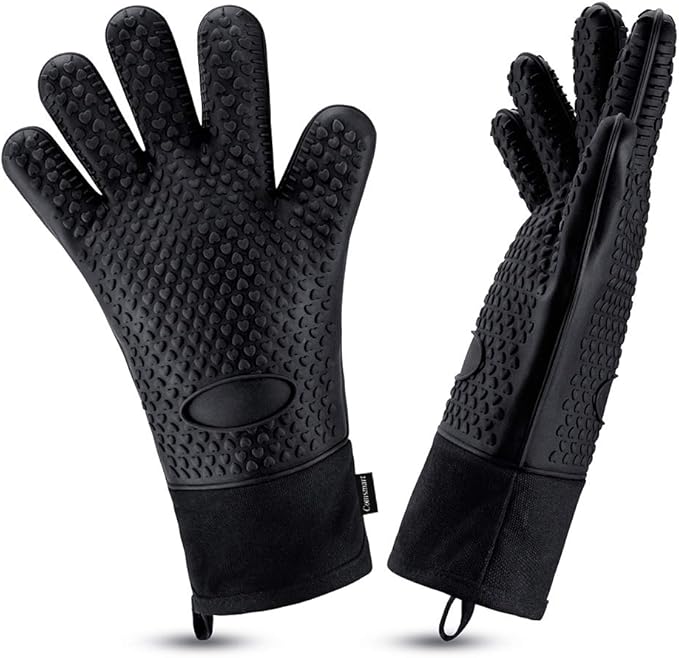 Comsmart BBQ Gloves, Heat Resistant Silicone Grilling Gloves, Long Waterproof BBQ Kitchen Oven Mitts with Inner Cotton Layer for Barbecue, Cooking, Baking, Smoker(Black)
