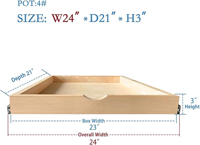 Kitchen Cabinet Organizer, Fully Assembled Drawer Wood Pull Out Tray Drawer Box Cabinet Slide Out Shelve, Wooden Pull-Out Shelf (W24''×D21''×H3'')