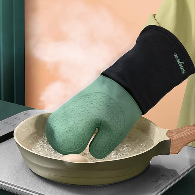 sungwoo 6pcs Silicone Oven Mitts and Pot Holders Sets, 14.6 Inch Heat Resistant Oven Gloves with Quilted Liner Non-Slip Textured Grip Perfect for BBQ, Baking, Cooking and Grilling Green