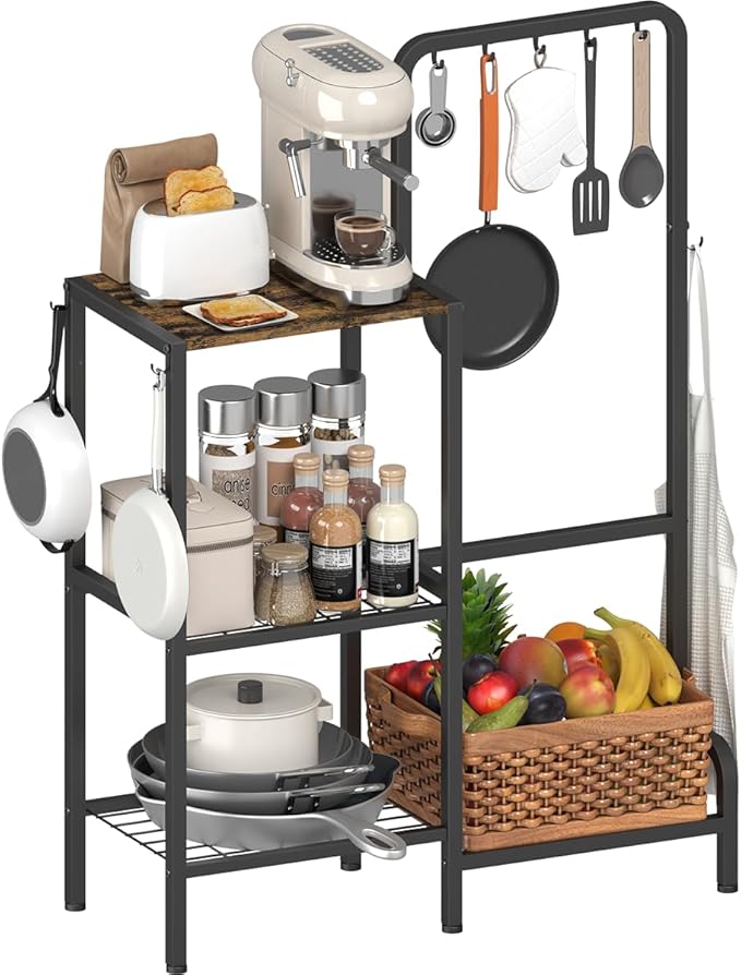 mocomax Kitchen Stand Shelf with Storage, 3-Tier Utility Baker's Rack for Spices, Adjustable Coffee Bar Station with 8 Hooks, Space-Saving Microwave Oven Stand for Pots, Pans & Utensils, Black