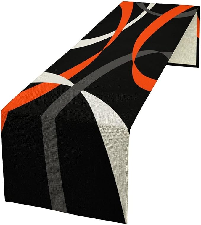 Abstract Orange Geometric Table Runner Grey and White Striped Black Background Modern Kitchen Dinner Runner for Indoor Home Living Room Party Dining Table Decoration 13"x36"