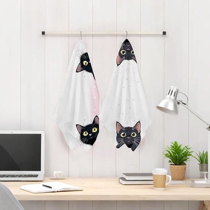 Jztco 2 Pcs Cute Cat Kitchen Towels, Cats Gifts Reusable Hand Tea Towel, Microfiber Dish Cloths for Drying Dishes, Waffle Dish Towels for Kitchen Home Bathroom Decor, Cat Lover Gifts for Women Mom