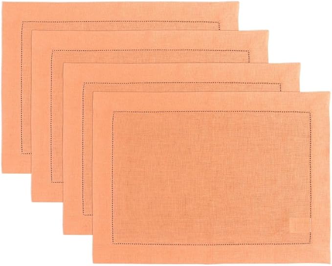 Solino Home Linen Cloth Placemats Set of 4-100% Pure Linen Hemstitch Coral Placemats 14 x 19 Inch - Classic Hemstitch Table Place Mats for Mothers Day, Spring, Summer
