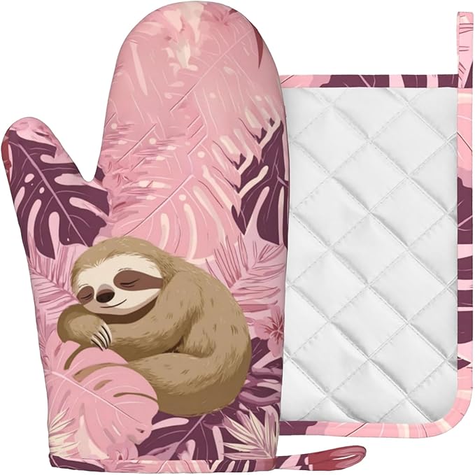 Pink Sloth Heat-Resistant Oven Mitts and Pot Holder Cute Animal Kitchen Non-Slip Silicone Cooking Microwave Gloves for Cooking Baking Grilling