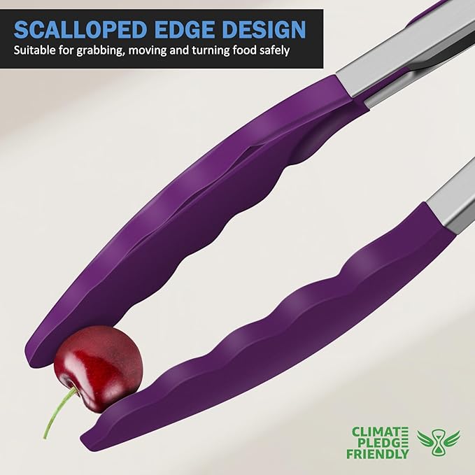 Tongs for Cooking, 600ºF High Heat-Resistant Stainless Steel Kitchen Tongs with Silicone Tips, Non Scratch, Locking Tong for BBQ Grilling Air Fryer Food Salads, Set of 2 (9" and 12") Purple