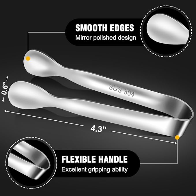Eddeas Mini Tongs For Serving Food，Set fo 12 Small Tongs For Appetizers，Small Stainless Steel Metal Cooking Tong，for Tea Party Coffee Bar, 4 inch Sugar Tong - Silver