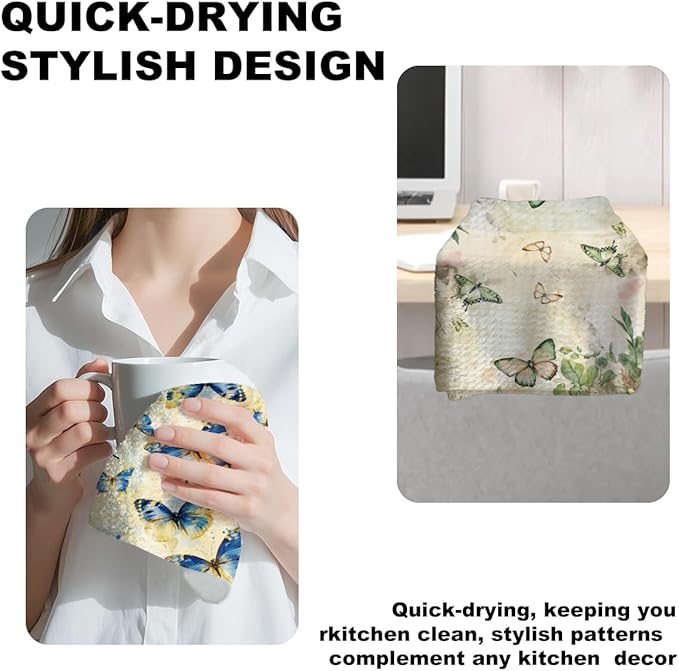 Jztco 3 Pcs Vintage Butterfly Kitchen Towels, Artistic Decorative Absorbent Microfiber Dish Cloth Tea Towel, Botanical Waffle Hand Towels for Farmhouse Home Bathroom, Butterfly Gifts for Women 2