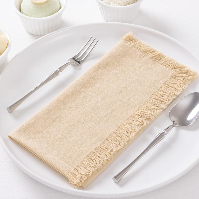 DeZerlor 6 Pack Champagne Cotton Linen Napkins with Fringe Spring Cloth Napkins Set of 6 Boho Handmade Dinner Napkins Bulk for Wedding Bridal Baby Shower Parties, 17 x 17 Inches