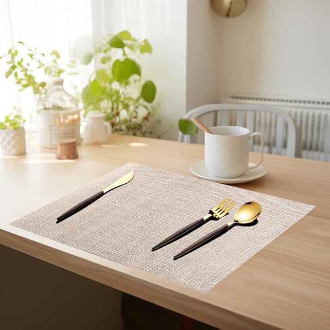 PIGCHCY Beige Placemats Set of 6 Vinyl PVC Durable Place Mats for Dining Table,Heat Resistant Non-Slip Woven Tabel Mats (18x12 inches, Beige)
