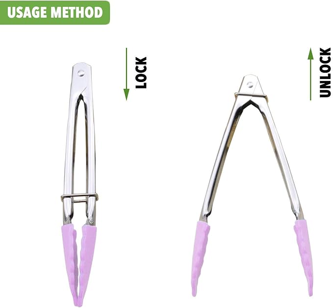 HINMAY 7-Inch Serving Tongs with Silicone Tips Clam Shell Mini Tongs, Set of 3 (Pink)