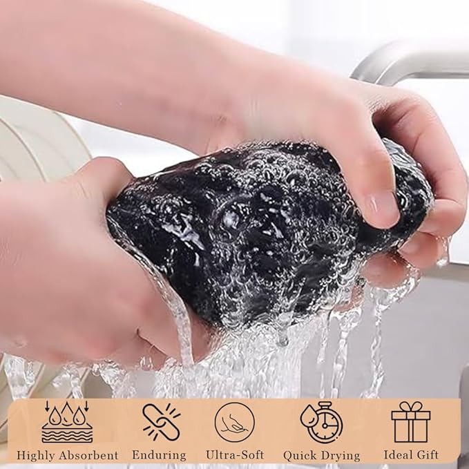 Kitchen Cleaning Dish Wash Cloths Waffle Terry Design Kitchen DishCloths|Washable 12x12 Cotton Dish Rags for Drying Dishes|Counter Top Barista Dust Wipes|Spring Easter Basket Decor| 6 Pc Set-Black