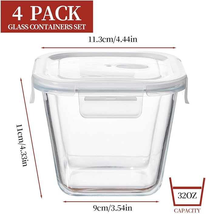 H.JSS WDJS 4 Cup Square Glass Food Storage Container with Lids, Square Glass Soup Container with Airtight Lids, 32 OZ Food Prep Bowls for Leftovers, Salad, Microwave、Fridge、Dishwasher Safe (4 Pack)